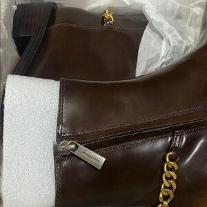Michael Kors Dark Brown Leather Ankle Boots with Gold Chain